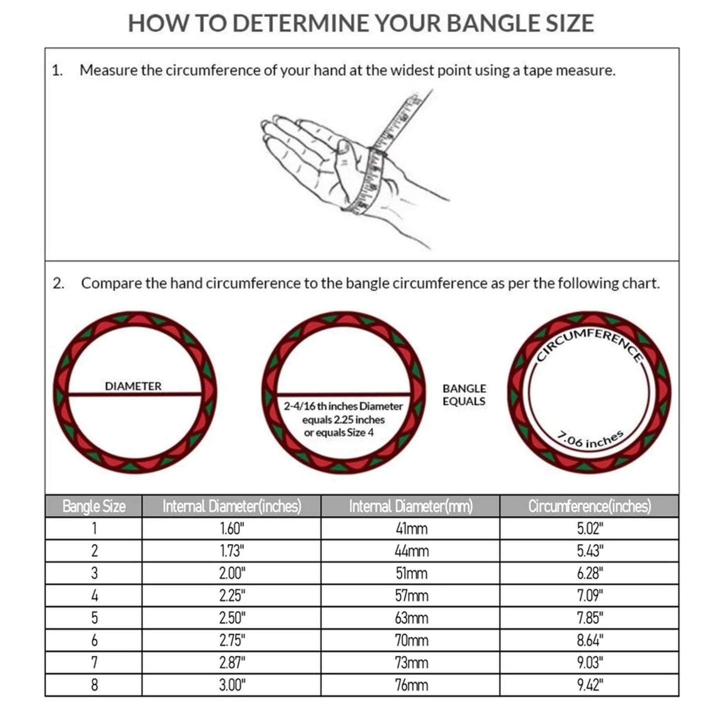 Instructions on how to determine bangle size with a diagram of a hand and bangles.