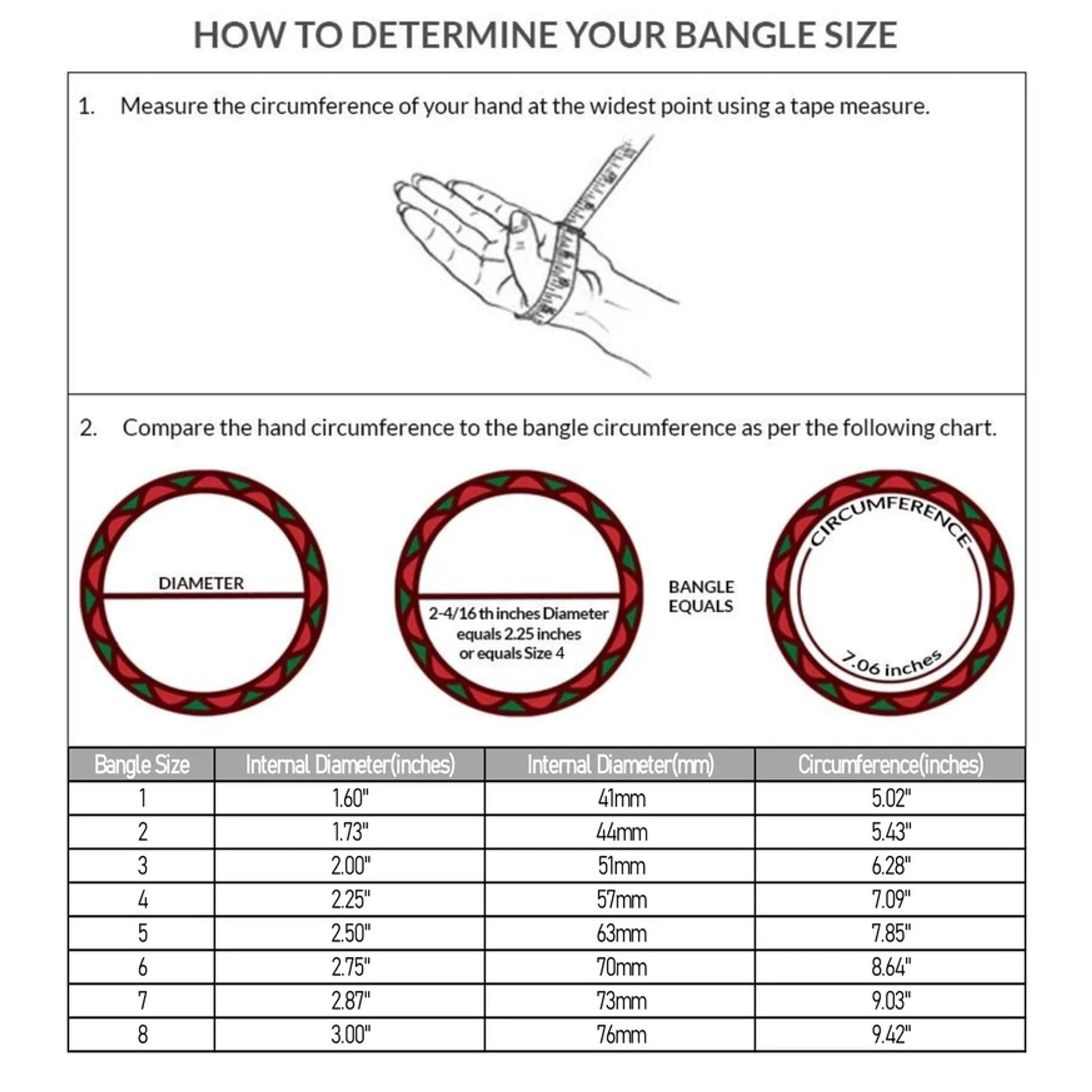 Instructions on how to determine bangle size with a diagram of a hand and bangles.